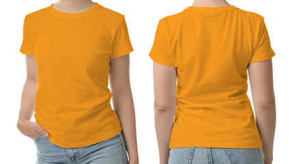 Woman wearing orange t-shirt on white background, back and front view. Mockup for design
