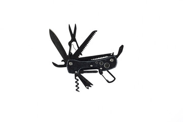 a  black metallic multitool  expanded and isolated on white