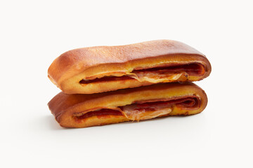 Lanche misto traditional portuguese sandwich with cheese and chorizo. Tasty breakfast over white background