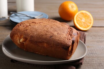 Fresh delicious cake served on wooden table, closeup