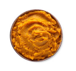 Delicious vegetable puree in bowl isolated on white, top view. Healthy food