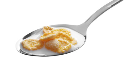 Spoon of delicious crispy corn flakes with milk on white background