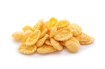 Pile of tasty corn flakes on white background