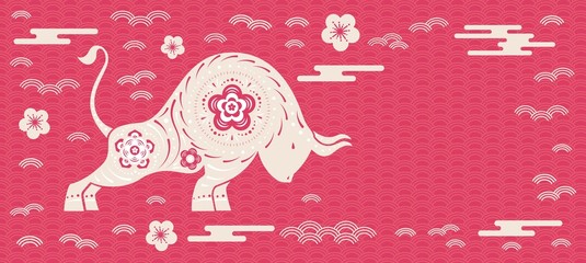 Happy Chinese New Year 2021 with ox, clouds, flowers and flowers for holiday card, invitation, party, banner, party poster, greeting card, flyer. Chinese text - 