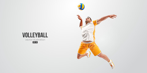 Realistic silhouette of a volleyball player on white background. Volleyball player man hits the ball. Vector illustration