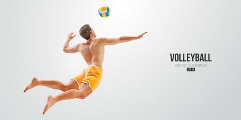 Realistic silhouette of a volleyball player on white background. Volleyball player man hits the ball. Vector illustration