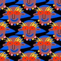 square seamless pattern-1970s psychedelic with carnival quirky dudes. Portraits of non-binary funny people. Funny funky and groovy people-ornament and back.Holiday party festival in mask	