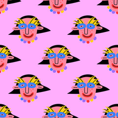 square seamless pattern-1970s psychedelic with carnival quirky dudes. Portraits of non-binary funny people. Funny funky and groovy people-ornament and back.Holiday party festival in mask