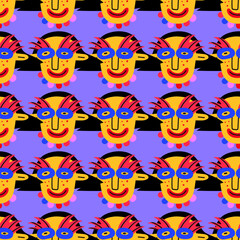 square seamless pattern-1970s psychedelic with carnival quirky dudes. Christmas and new year party.Portraits of non-binary funny people.Funny funky and groovy people.Holiday party festival	