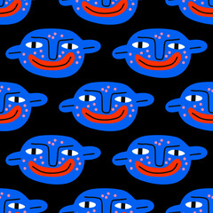 square seamless pattern - 1970s psychedelic with quirky dudes. Portraits of non-binary funny people. Funny funky and groovy people - ornament and background	