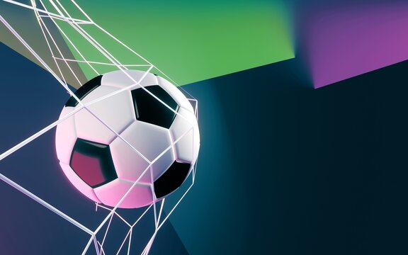 Soccer ball in goal on blue background. 3d render