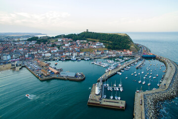 Obraz premium aerial view of South Bay Beach and Harbour Scarborough, North Yorkshire England
