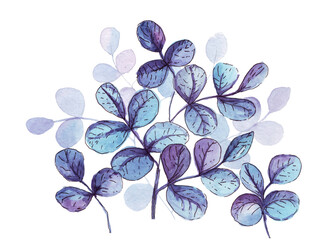 watercolor blue twig on white background