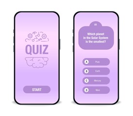 Naklejka na ściany i meble The template of the mobile application interface for the quiz on a purple background. Test, exam, questions and answers for a TV show. Vector illustration of EPS10