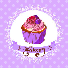 Raspberry - blueberry cupcake on a lacy napkin against a polka dot background. Template for a bakery. Vintage illustration in sketch style. For menu, pastry shop, birthday invitation, postcard, poster