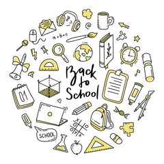 Back to school doodle set of elements. Vector illustration in line style.
