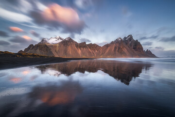 Vestrahorn mountain reflection in the sea in Iceland