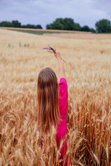 a girl in a wheat field holds a bouquet of lavender in her hands