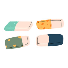 A set of colorful erasers for school. Vector illustration hand drawn in style