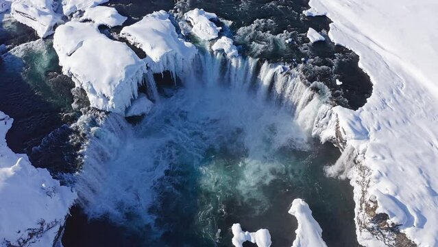 drone over Skjalfandafljot river and godafoss waterfall