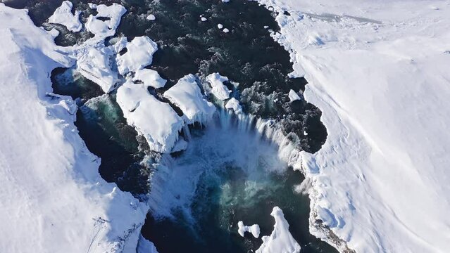 drone over Skjalfandafljot river and godafoss waterfall