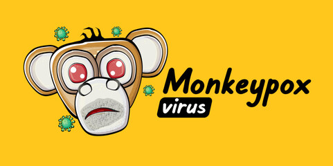 Funny Monkeypox virus horizontal banner for awareness and alert against disease spread, symptoms or precautions. Monkey Pox concept illustration with angry monkey face silhouette on orange background