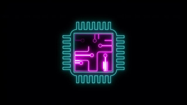 Animated Glowing Neon Light Micro-chip quantum processor, micro-processor with board electronic CPU Wireframe low poly mesh technology. Saber Technology Concept Circuit Board in Micro Chip Icon Design