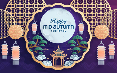 Mid autumn festival paper art style with full moon, moon cake, chinese lantern and rabbits on background. © Chef Kai Vector