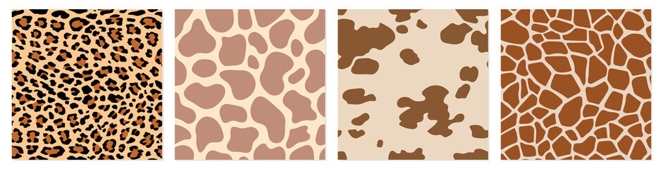 Vector set. Animal seamless patterns. Hand drawn texture for print, textile, fabric, packaging. Fashionable backgrounds. Leopard, giraffe, cow.