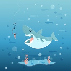 Fototapeta premium Cute shark on a blue background with sea plants in a cartoon style. Illustration for children in vector.