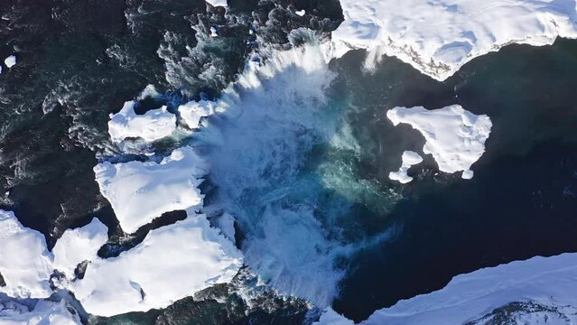 drone over godafoss waterfall and Skjalfandafljot river