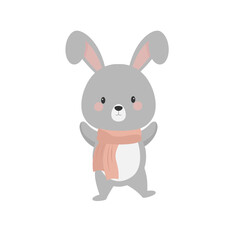 Cute rabbit character wearing a pink scarf. Bunny vector illustration.