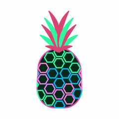 Doodle pineapple. Modern fruit with colored leaves. Isolated illustration on a white background. Cartoon. Vector.