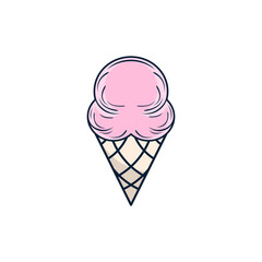 Pink ice cream in the waffle cone. Vector flat outline icon. Cartoon style illustration for sticker and t shirt design. flat logo design