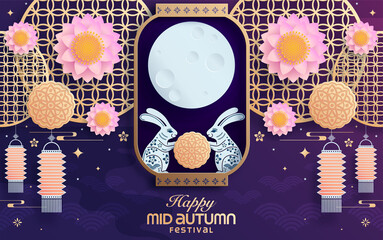 Mid autumn festival paper art style with full moon, moon cake, chinese lantern and rabbits on background. © Chef Kai Vector