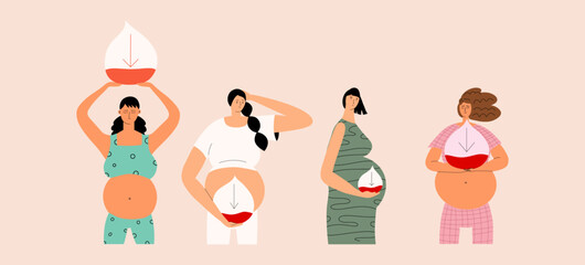 Pregnant women suffer from anemia set. Concep hypoglycemia. Girls hug drop blood with a poor sugar indicator. Vector illustration in flat style.