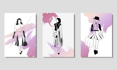 illustration of a set of line art background,with silhouette woman on with backgrounds.