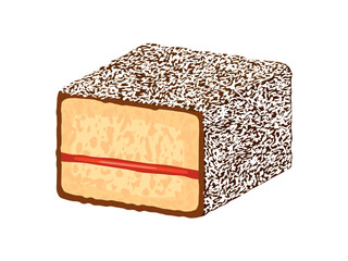 Lamington sponge cake with coconut icon vector. Australian chocolate dessert with jam drawing. Lamington cake icon isolated on a white background