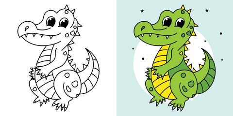 Hand-drawn outline animals alligator illustration cartoon character vector coloring page for kids