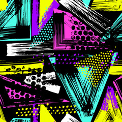 Vector geometric neon pattern with triangles and lines on black background. Abstract colorful seamless wallpaper