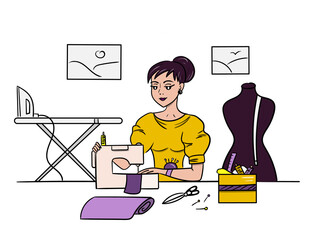 Seamstress sews on a sewing machine, there is mannequin next to it