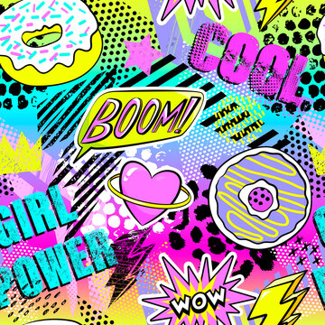 Fashion abstract seamless pattern with patch, stickers, dots and words. Cool background on comics style for teen girl