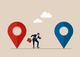 Businessman on a skateboard rashes quickly to new job. Job offer.   Giant navigation signs, male applicant is moving to a new vacancy. Employment, concept banner. © Vadym