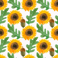 Seamless pattern of sunflower flowers oak acorns.