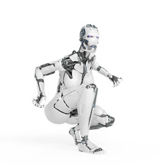 cyborg girl is crouching in action on white background