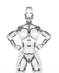 cyborg girl is doing a super pose on white background