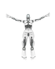 cyborg girl is flying free on white background rear view