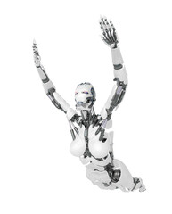 cyborg girl is flying up on white background