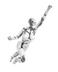 cyborg girl is flying up super fast on white background