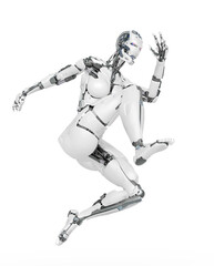 cyborg girl is jumping in action on white background